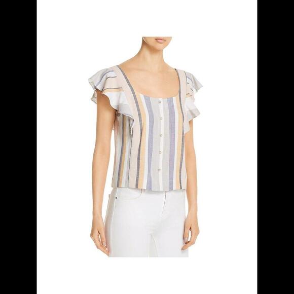 S Women's Three Dots Flutter Sleeve Cropped Striped Shirt - Pink Blue Cream Grey - Picture 5 of 6